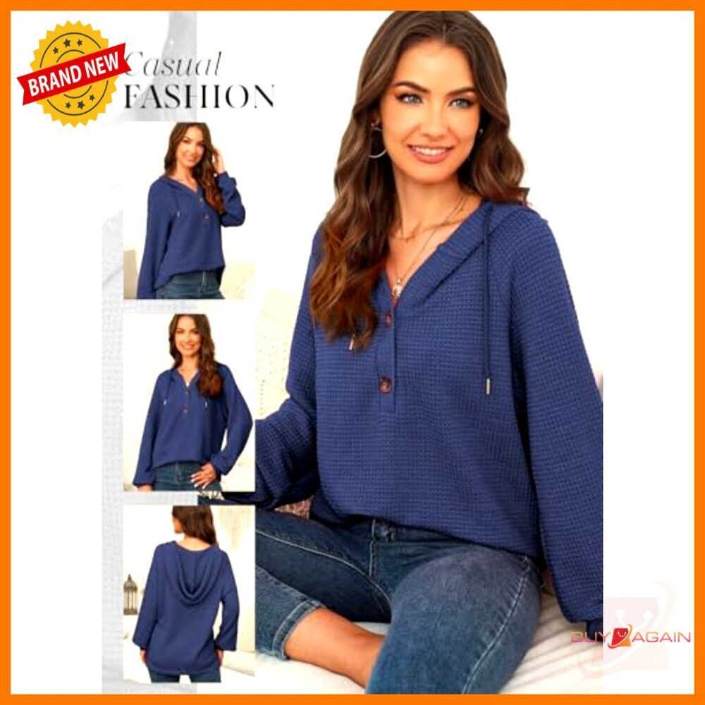 Waffle Knit Oversized Pullover Hoodie V Neck Drawstring Casual Chic Sweatshirt - Picture 5 of 7